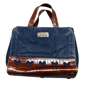 Brighton Blue Jean Denim And Leather Tote Handbag Heart Design Vintage